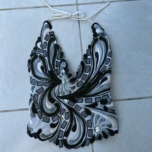 Ema Savahl Hand Painted White, Grey, Black Halter Tie Back Gems Beads - Size M